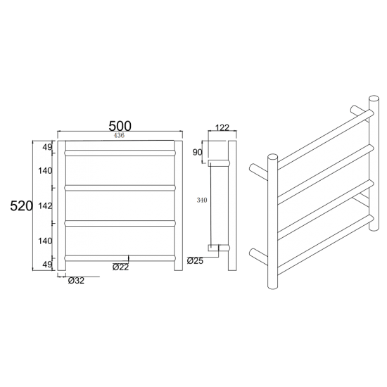Brushed Brass Round Electric Heated Towel Rack 4 Bars - Living and Bathroom