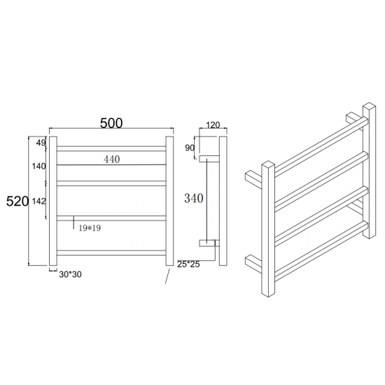 Brushed Gun Metal Grey Square Electric Heated Towel Rack 4 Bars - Living and Bathroom