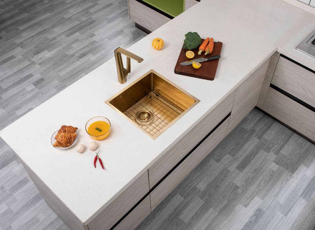 Round Corner Stainless Steel Brushed Brass PVD Coating Single Bowl Kitchen Sink(with Bottom Tray) 440*440*205mm