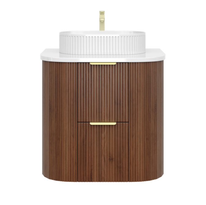 Artis PVC Fluted Curved Waterproof Double Drawer Wall Hung Bathroom Vanity Walnut