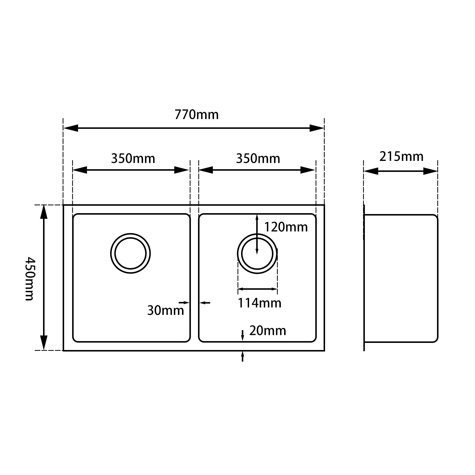 Round Corner Dark Grey Stainless Steel Handmade Double Bowl Kitchen Sink 770*450*215mm(with dark grey waste)