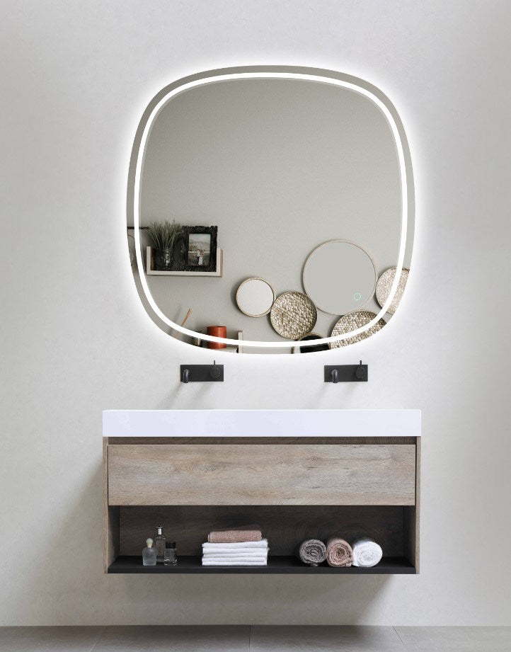 750*750mm Rounded Edge Acrylic Front & Backlit LED Mirror 3 Color Lighting Touch Sensor Switch Wall Mounted White Frame