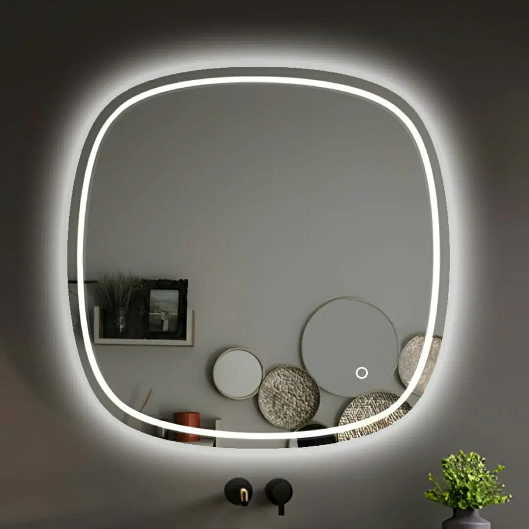 600*600mm Rounded Edge Acrylic Front & Backlit LED Mirror 3 Color Lighting Touch Sensor Switch Wall Mounted White Frame