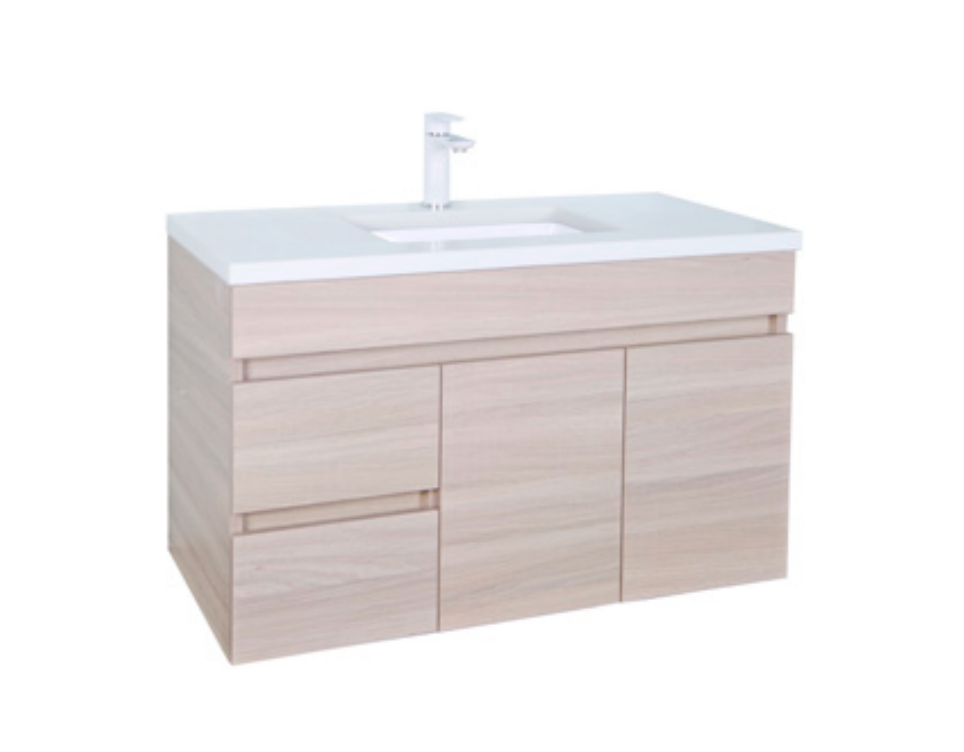 Evie- Wood Grain PVC Wall Hung Vanity 900*460*560mm Left/Right Hand Drawers