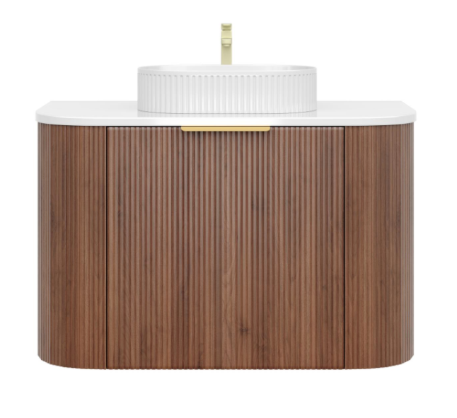 Artis PVC Fluted Curved Waterproof Single Drawer With Hidden Smaller Top Drawer Wall Hung Bathroom Vanity Prime Oak