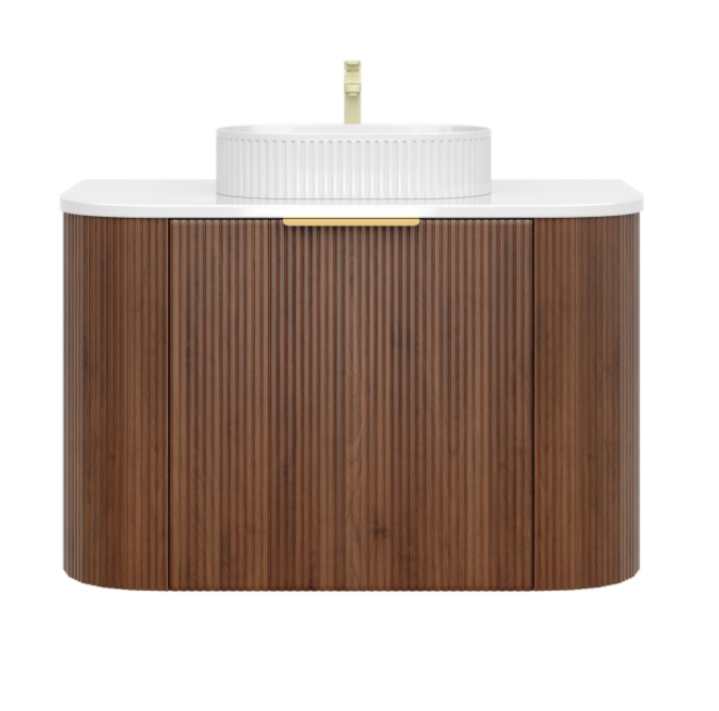 Artis PVC Fluted Curved Waterproof Single Drawer With Hidden Smaller Top Drawer Wall Hung Bathroom Vanity Walnut