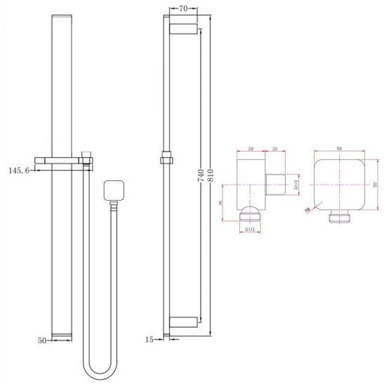 Square Gun Metal Grey Sliding Shower Rail without Handheld Shower(PVC Hose) - Living and Bathroom