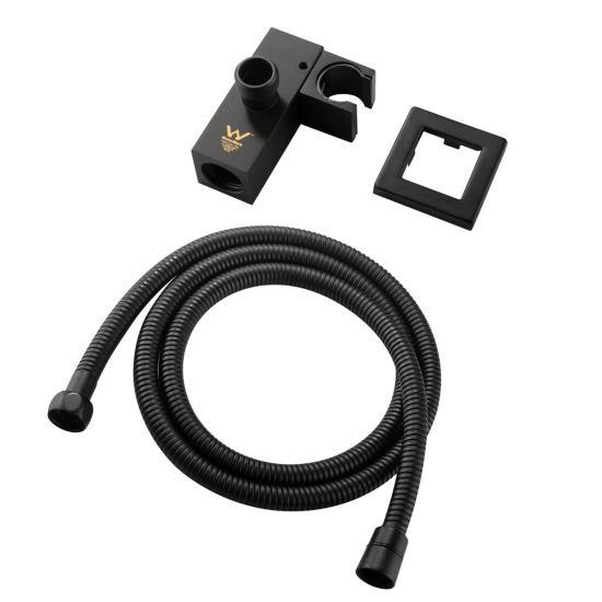 Square Black Shower Holder Wall Connector & Hose Only - Living and Bathroom