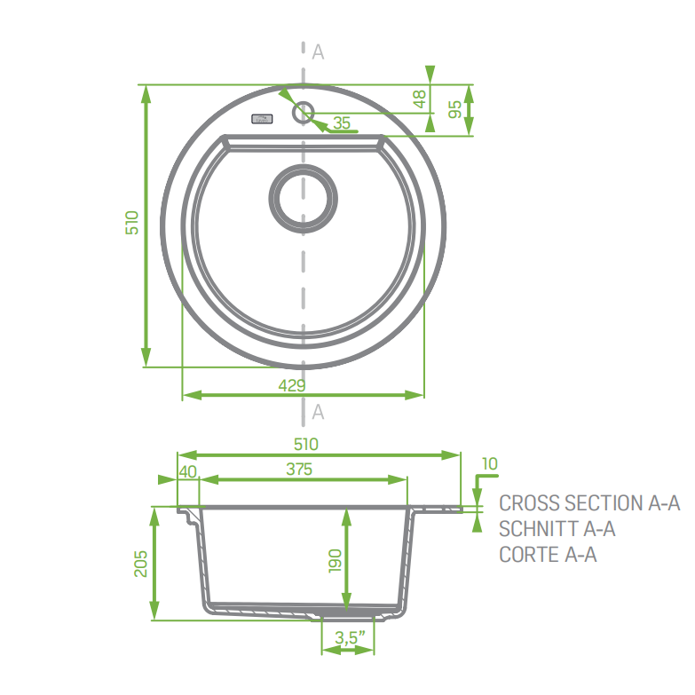 Laveo Dafne Grey Granite Single Bowl Stone Kitchen Sink 510*205mm(including Space Saving Siphon and Click-clack Plug)