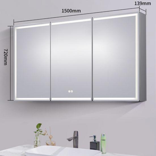 1500*720*139mm Silver Brushed Rectangular LED Mirror Shaving Cabinet(Three Doors,Anti-Fogging) - Living and Bathroom