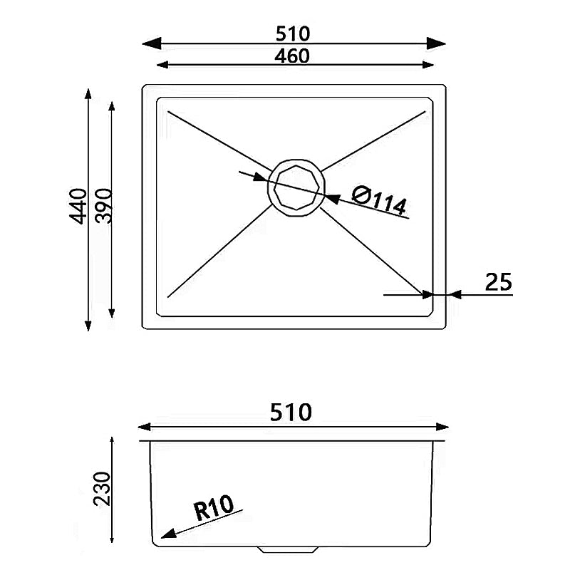 Round Corner Dark Grey Stainless Steel Handmade Single Bowl Kitchen Sink 510*440*230mm(with dark grey waste)