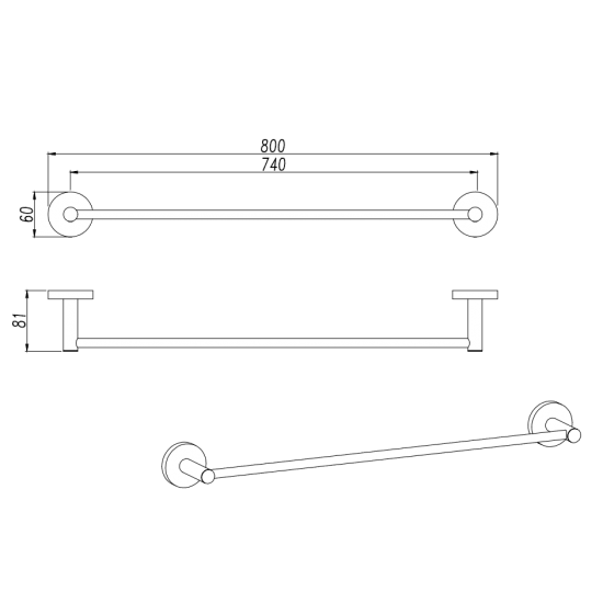 LUCID PIN Round Chrome Single Towel Rack Rail 800mm - Living and Bathroom