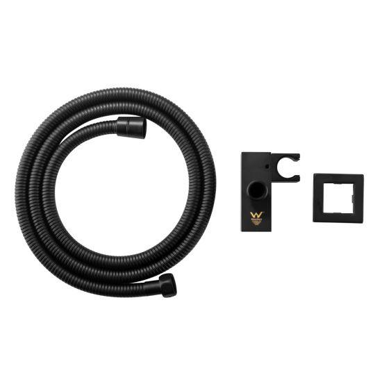Square Black Shower Holder Wall Connector & Hose Only - Living and Bathroom