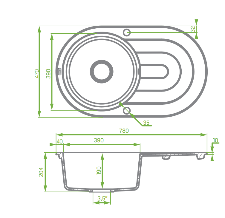 Laveo Dafne Grey Granite Single Bowl with Drain Board Stone Kitchen Sink 470*780*204mm(including Space Saving Siphon and Click-clack Plug)