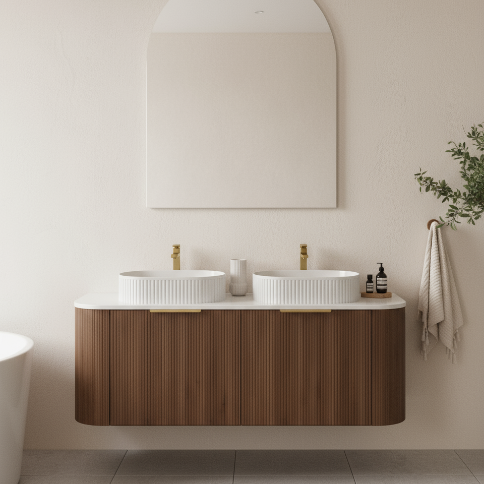 Artis PVC Fluted Curved Waterproof Single Drawer With Hidden Smaller Top Drawer Wall Hung Bathroom Vanity Walnut