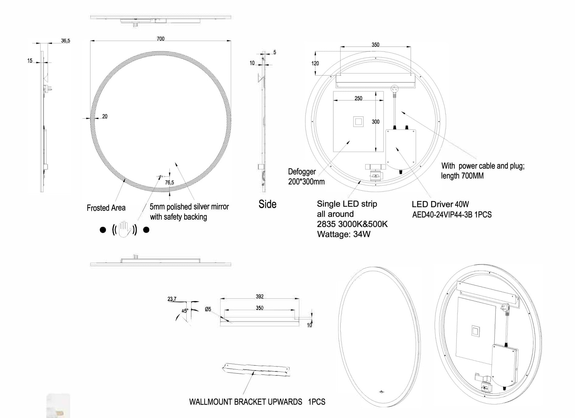Luna Round Frameless LED Mirror With Acrylic Strip