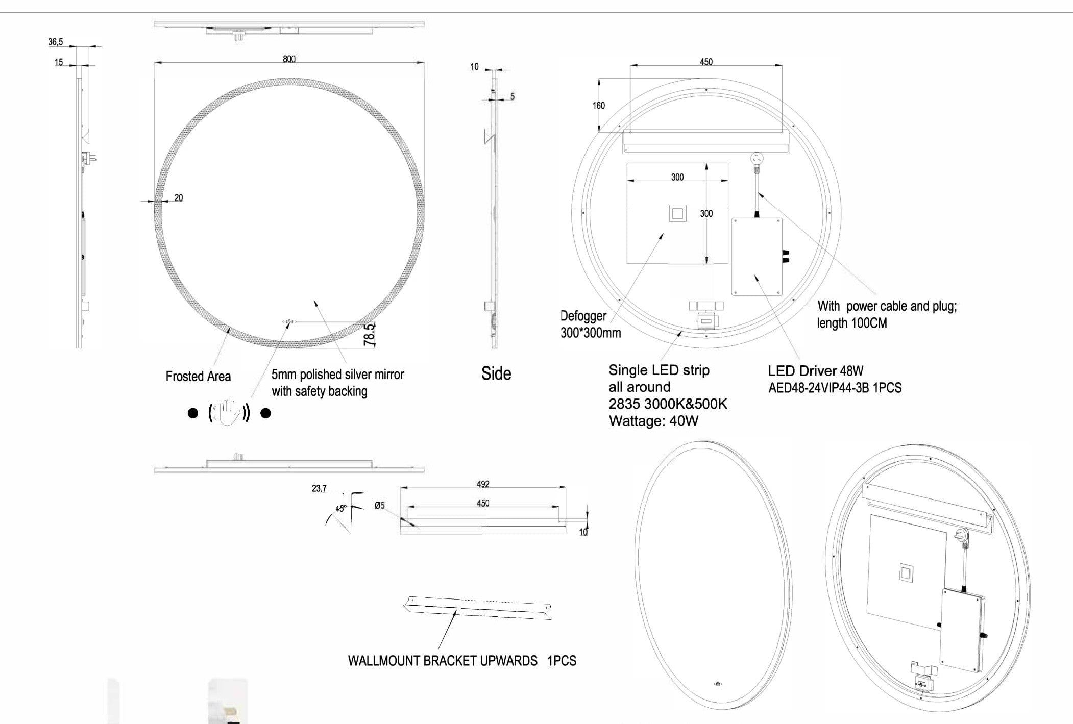 Luna Round Frameless LED Mirror With Acrylic Strip