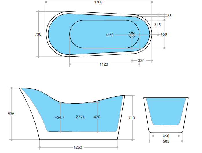 Bevel 1700mm Freestanding Bathtub Black & White