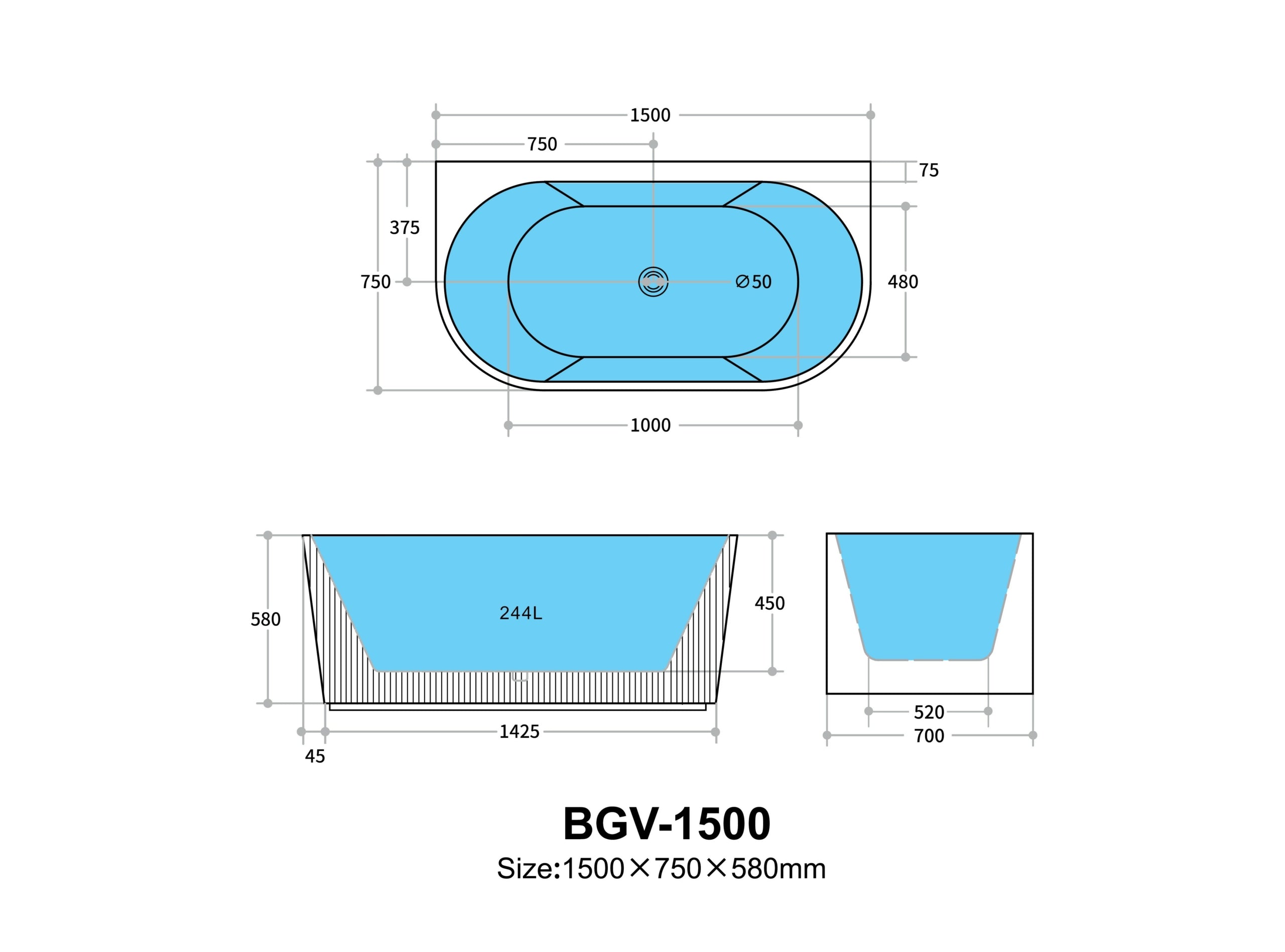 Ceto Bari Groove 1500mm Fluted Oval Freestanding Back to Wall Bathtub Matt Black