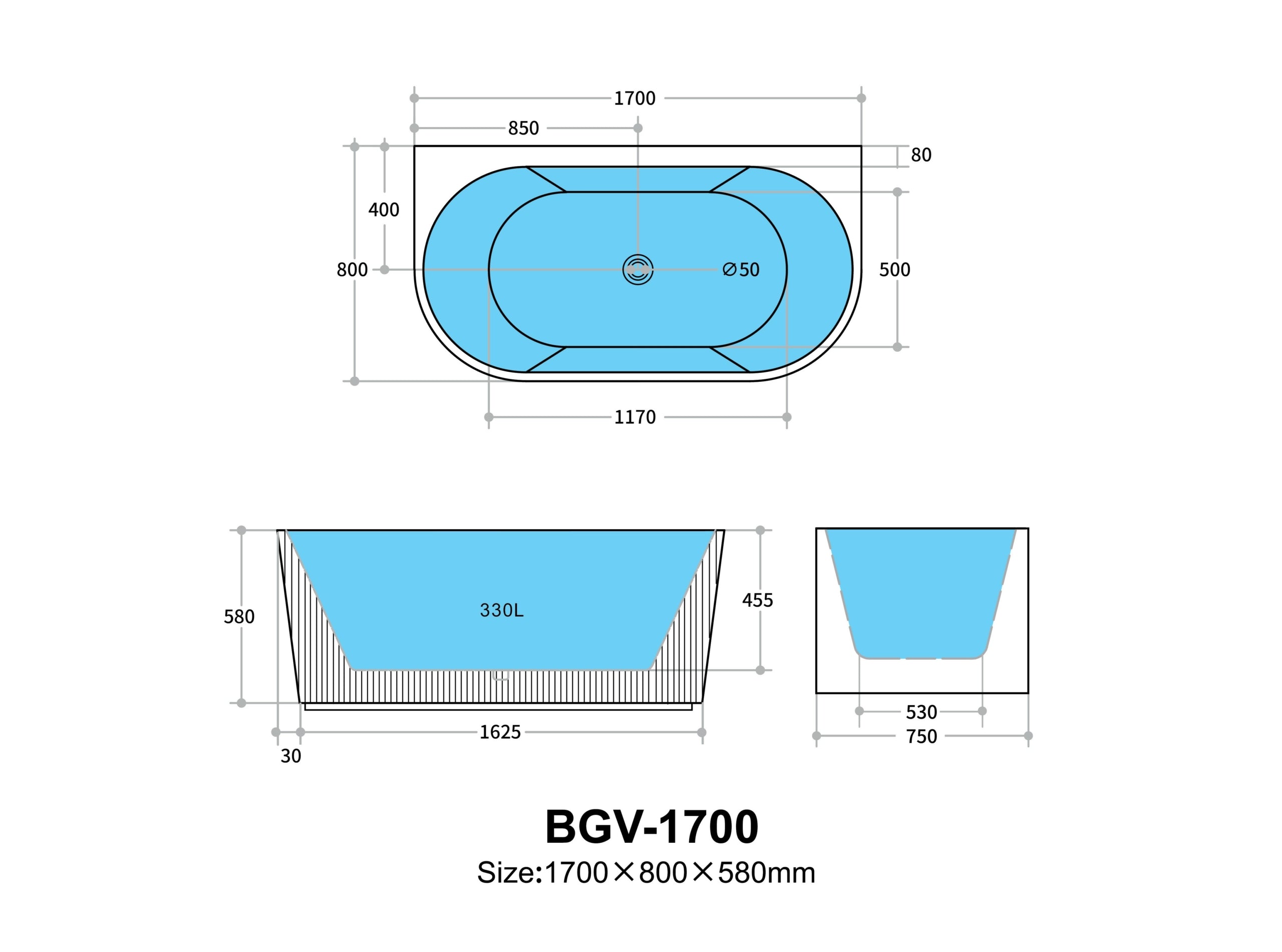 Ceto Bari Groove 1700mm Fluted Oval Freestanding Back to Wall Bathtub Matt Black