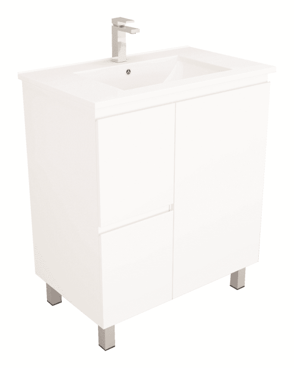 Gloss White BIANCA 750mm Floor Standing Vanity Left Hand Drawer – Ceramic Top - Living and Bathroom