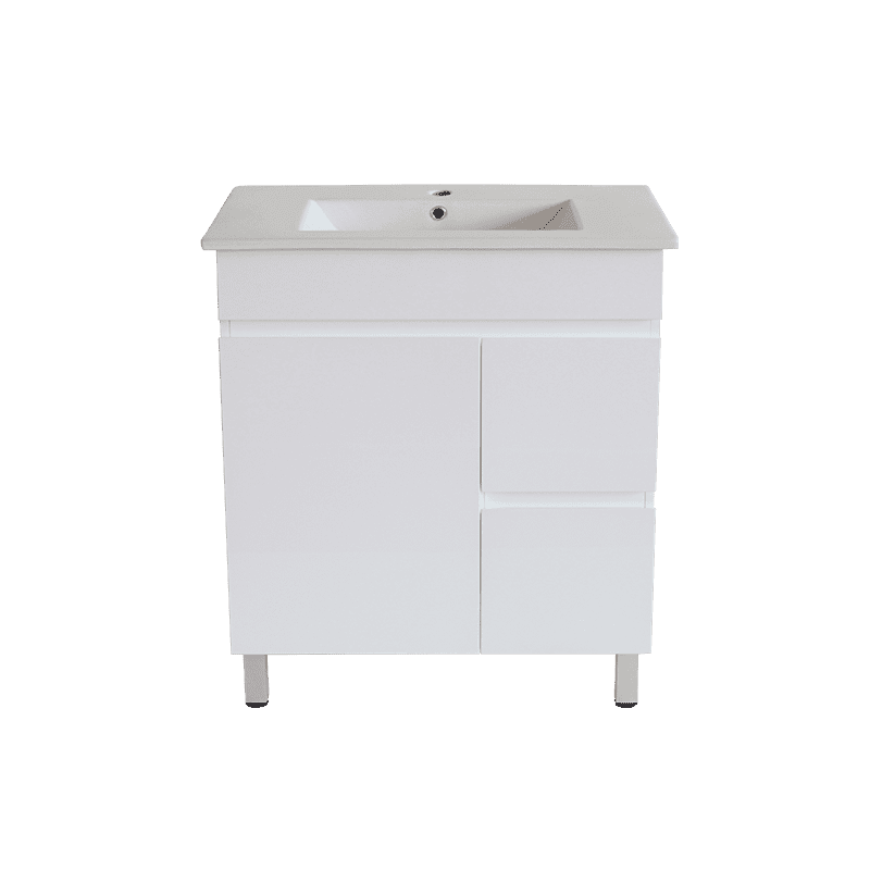 Gloss White BIANCA PVC 75cm Floor Standing Vanity Cabinet (RHD) - Living and Bathroom