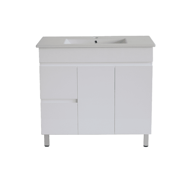 Gloss White BIANCA PVC 90cm Floor Standing Vanity Cabinet (LHD) - Living and Bathroom