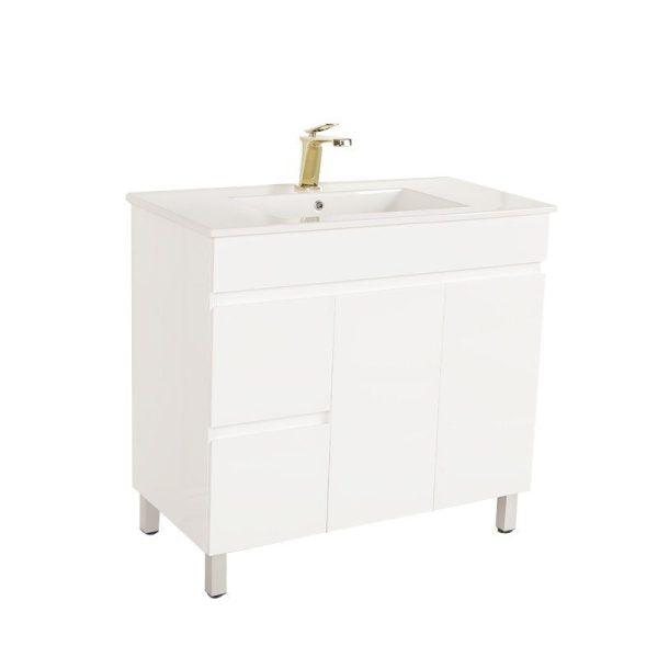 Gloss White BIANCA PVC 90cm Floor Standing Vanity Cabinet (LHD) - Living and Bathroom