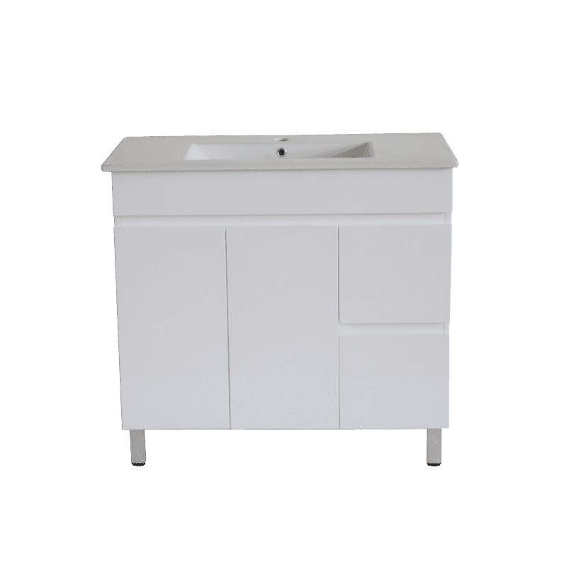 Gloss White BIANCA PVC 90cm Floor Standing Vanity Cabinet (RHD) - Living and Bathroom