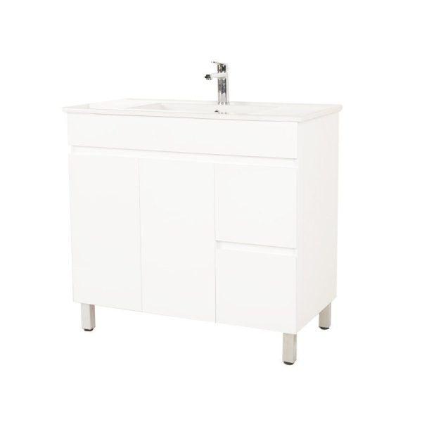 Gloss White BIANCA PVC 90cm Floor Standing Vanity Cabinet (RHD) - Living and Bathroom