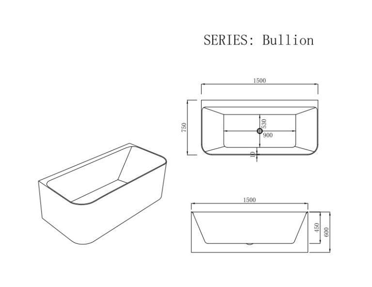 Bullion 1500mm Back-to-Wall Black/White Bathtub - Living and Bathroom