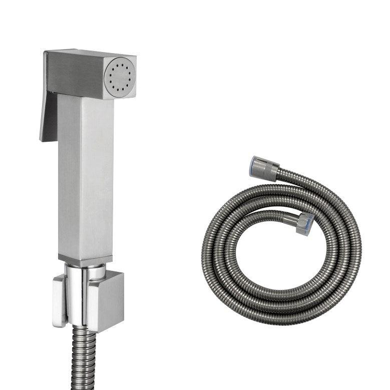 Square Brushed Nickel Brass Toilet Bidet Spray Kit with Stainless Steel Hose - Living and Bathroom