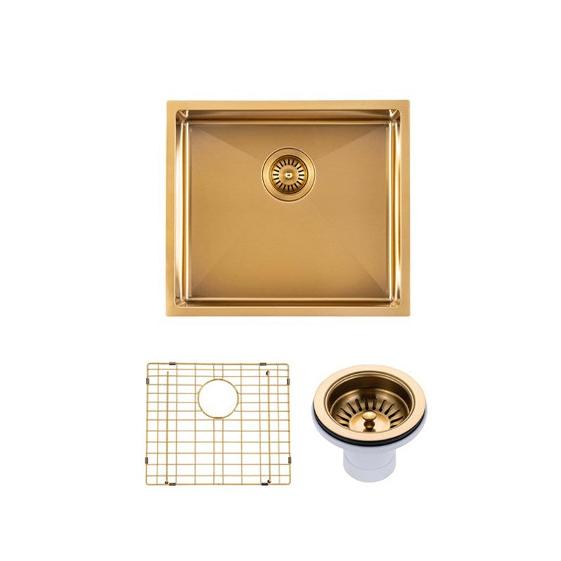 Round Corner Stainless Steel Brushed Brass PVD Coating Single Bowl Kitchen Sink(with Bottom Tray) 510*450*230mm