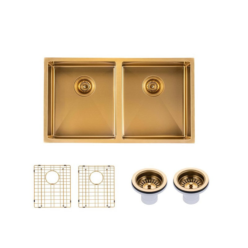Round Corner Stainless Steel Brushed Brass PVD Coating Double Bowl Kitchen Sink(with Bottom Tray) 820*457*230mm