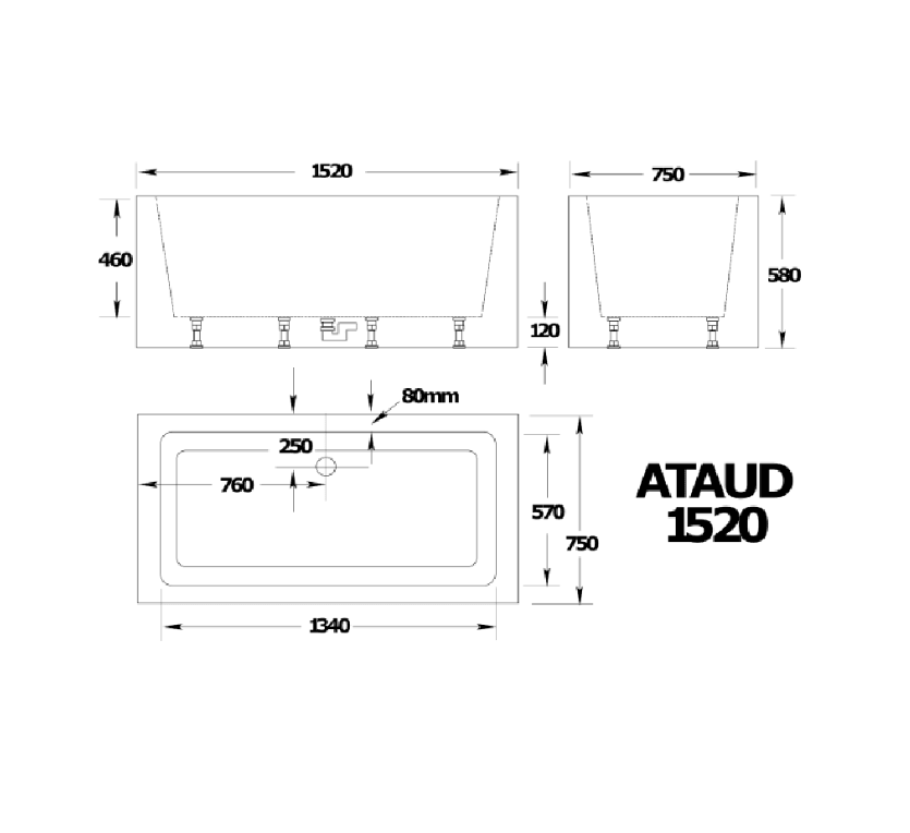 ATAUD 1520/1700*750*580mm White Rectangle 12 Jets Acrylic Freestanding Spa Bathtub - Living and Bathroom