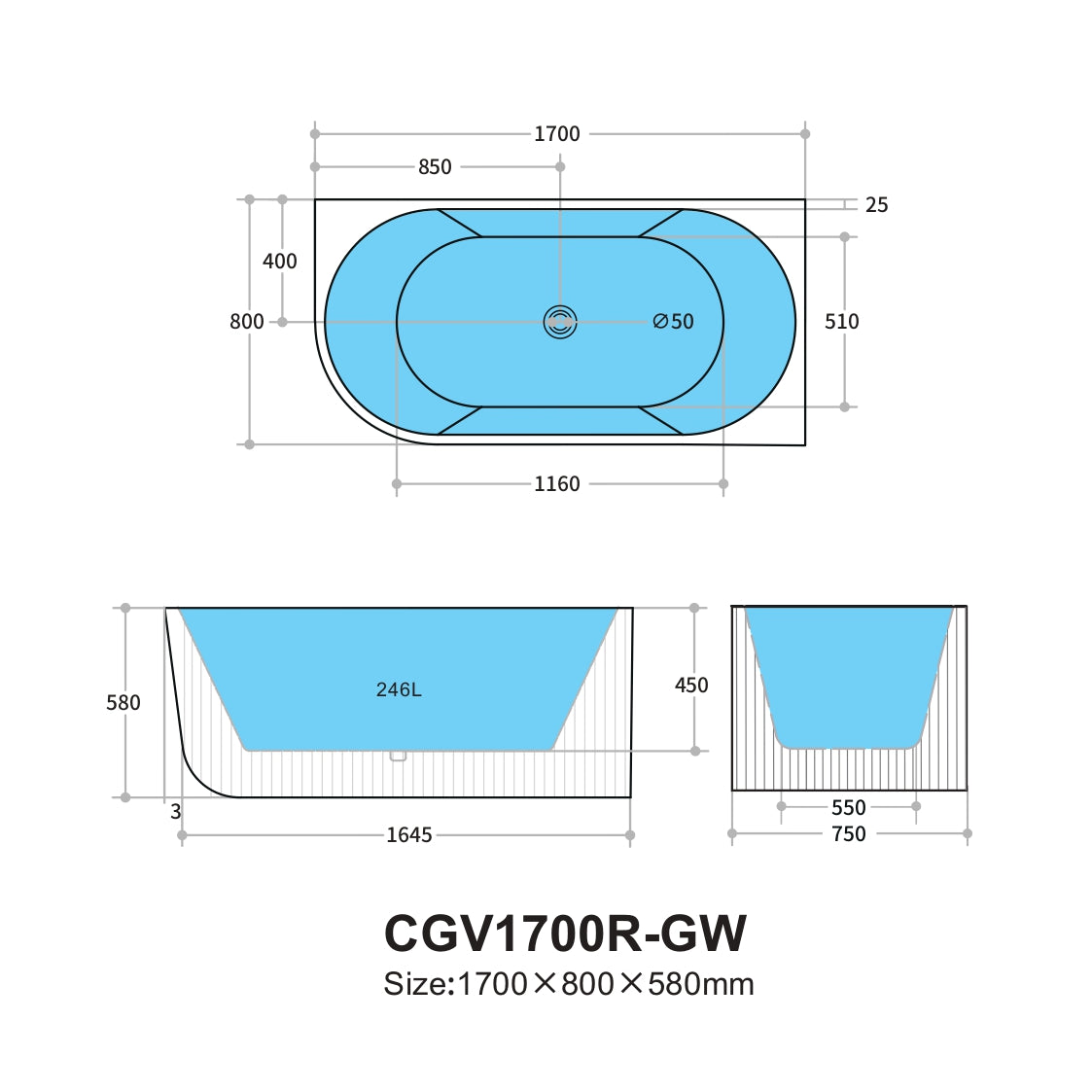 CETO Capri Groove 1700mm Fluted Oval Freestanding Right Corner Bathtub Matt Black