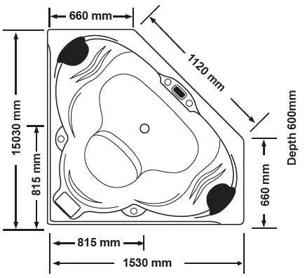 Cordoba 1530*1530*600mm White Acrylic 20 Jets Drop in Corner Spa Bath Tub - Living and Bathroom