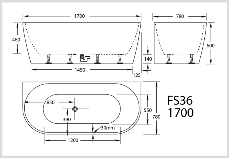 FS36 1700mm Gloss White/Black 10 Jets Back to Wall Freestanding Spa Bath - Living and Bathroom