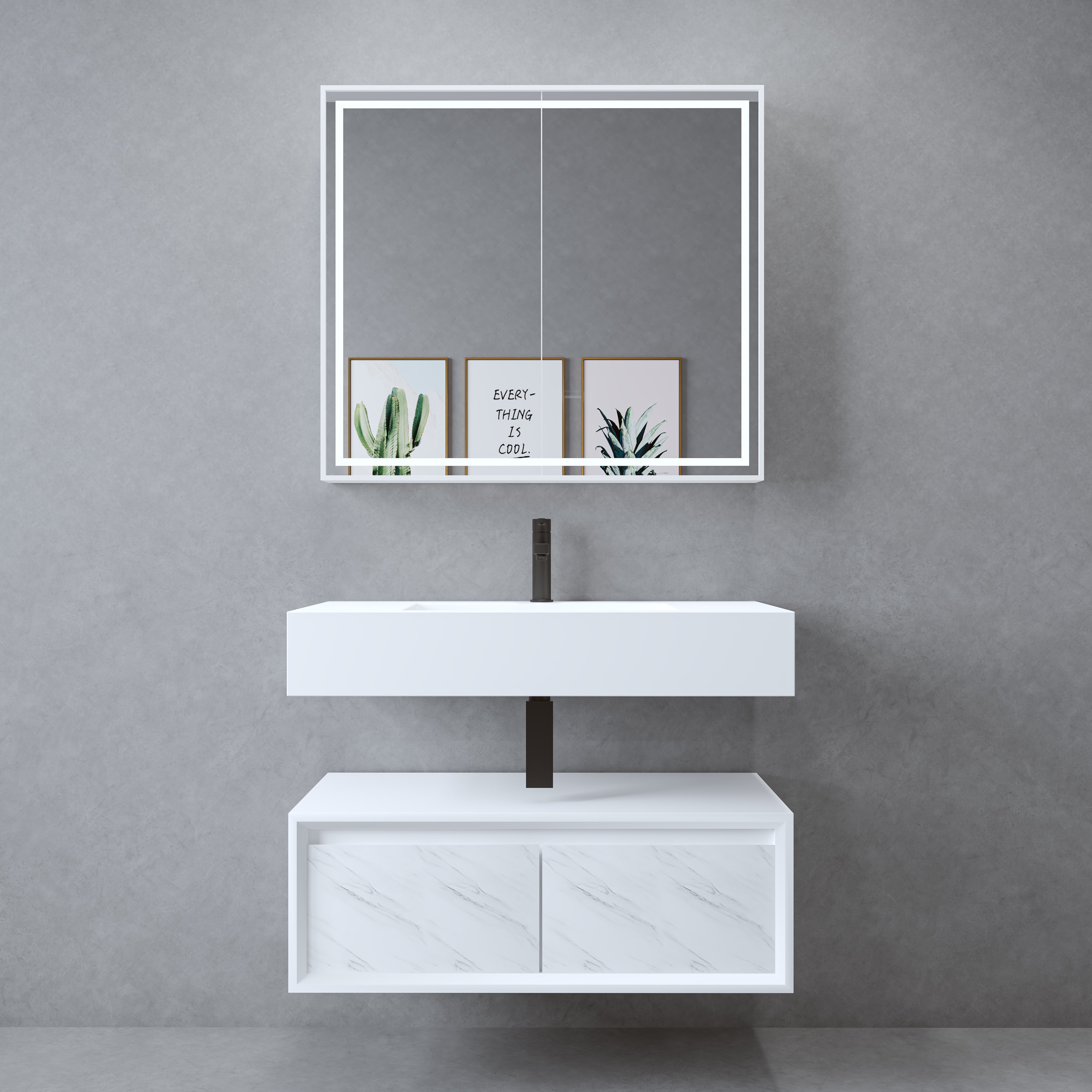 Asha Modern Solid Surface Material Wall Hung Stone Basin With Plywood Cabinet(All Sizes)