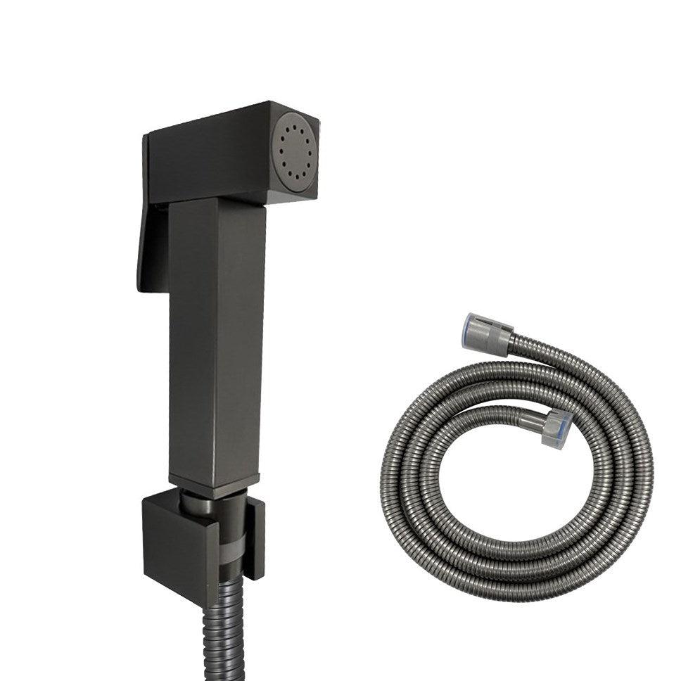 Square Gun Metal Grey Brass Toilet Bidet Spray Kit with Stainless Steel Hose - Living and Bathroom