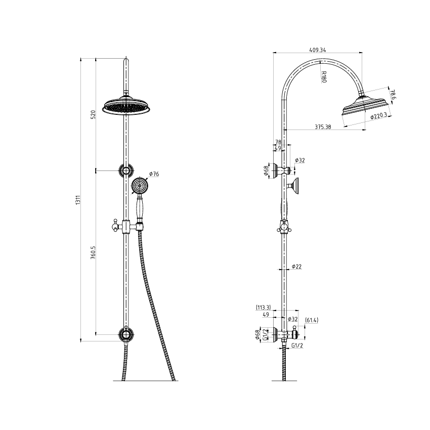 Ikon Clasico round multi function shower Combo Brushed Gold