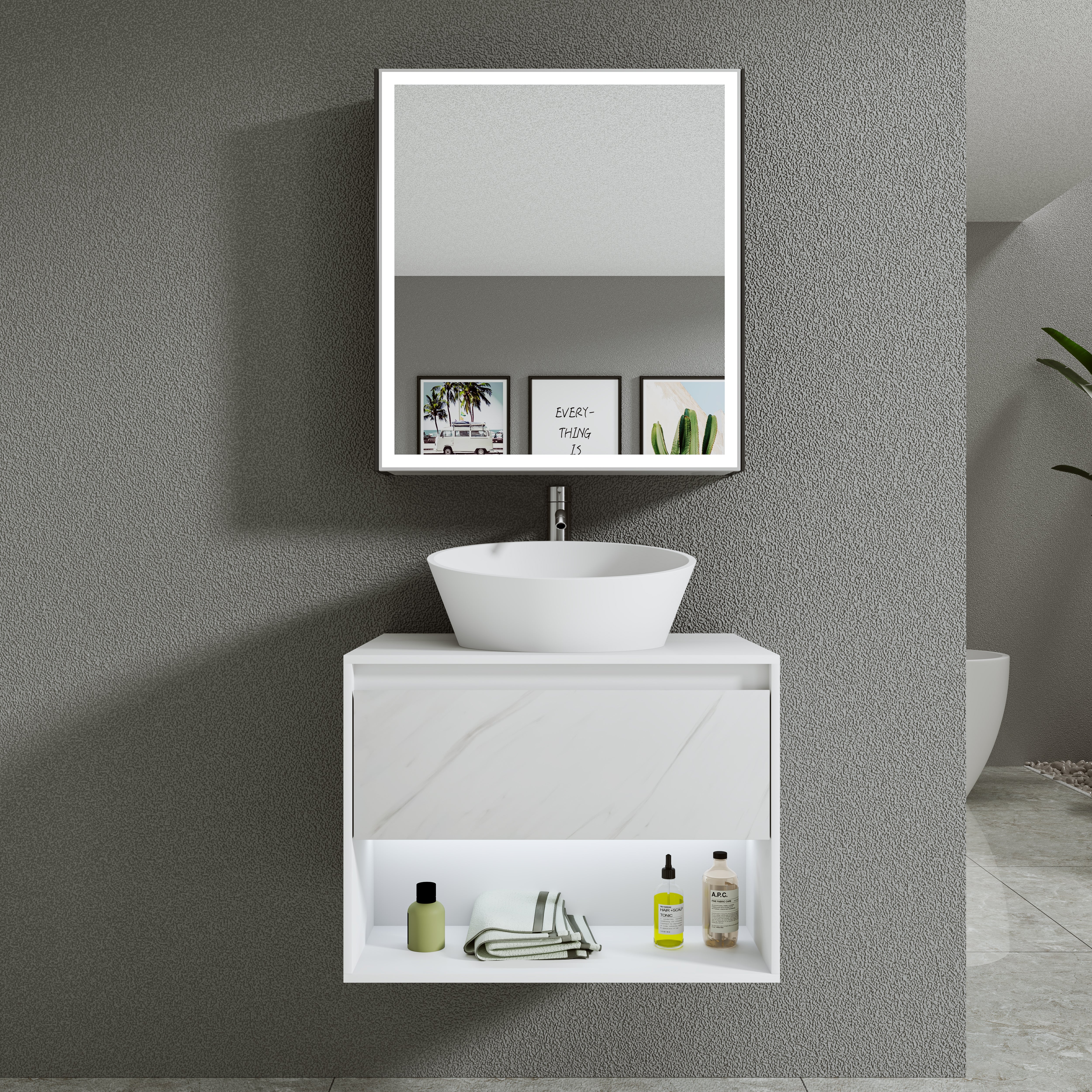 Asha Premium Solid Surface Material Wall Hung Stone Vanity(All Sizes)