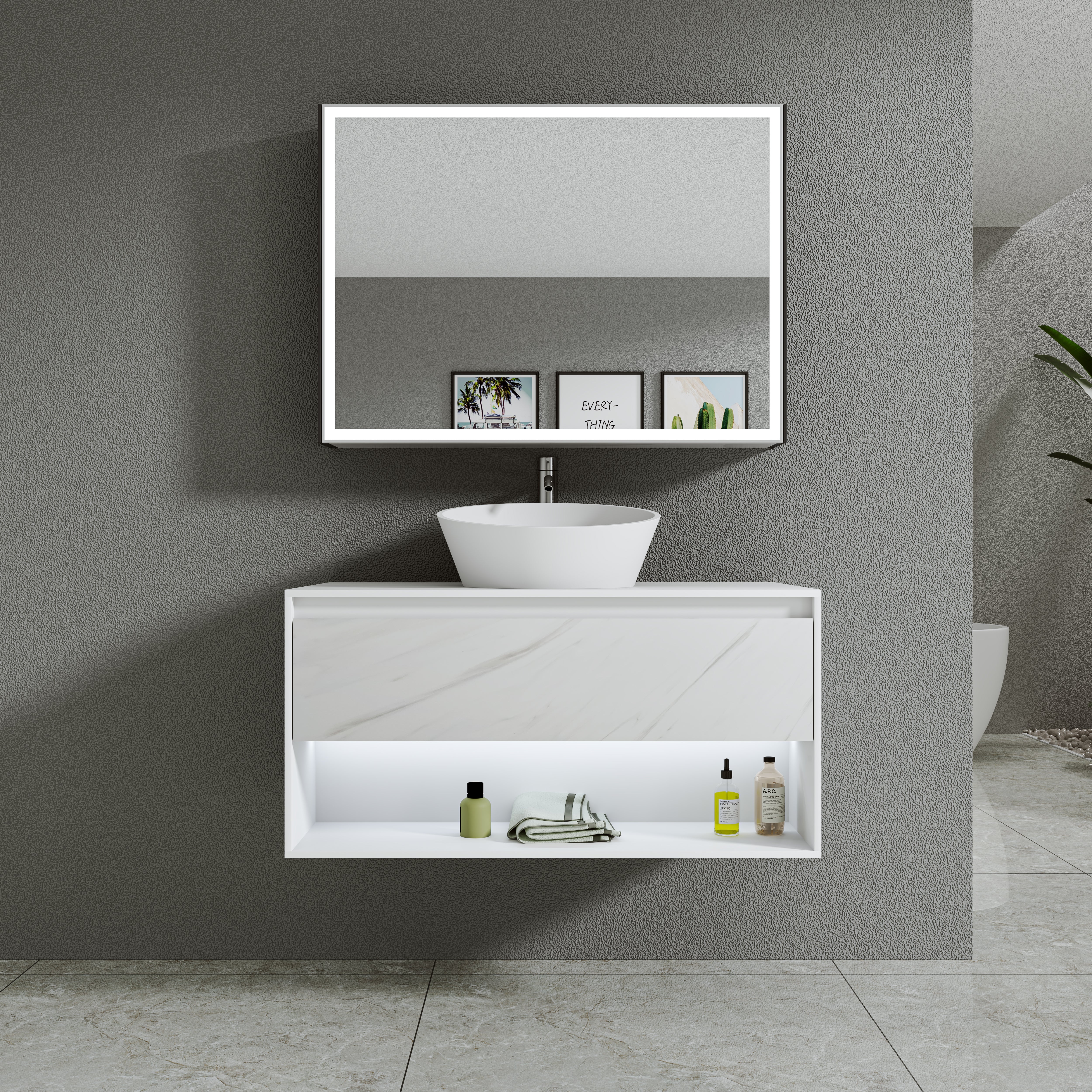 Asha Premium Solid Surface Material Wall Hung Stone Vanity(All Sizes)