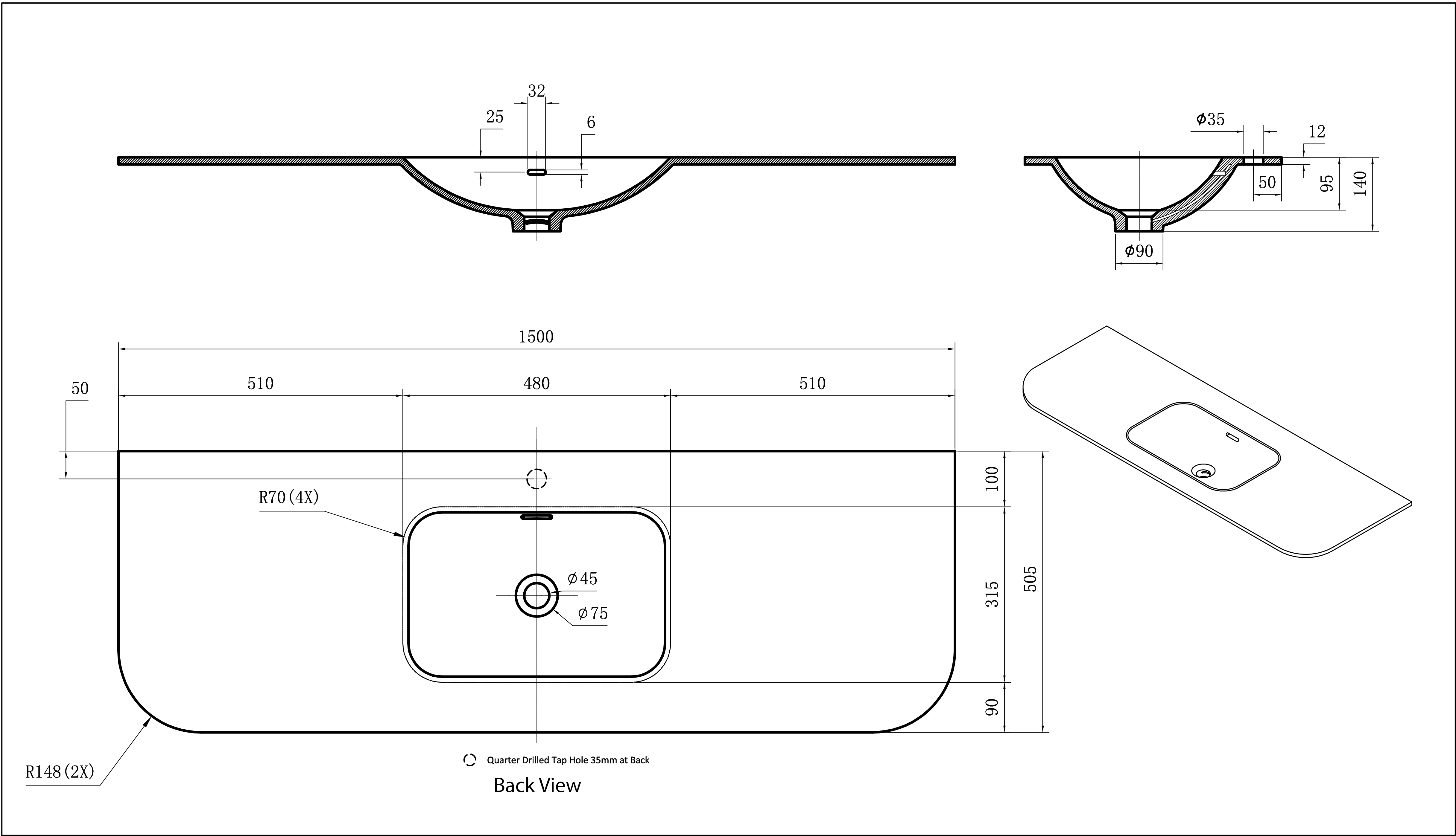 Solid Surface Curved Stone with integrated Basin Matte Black