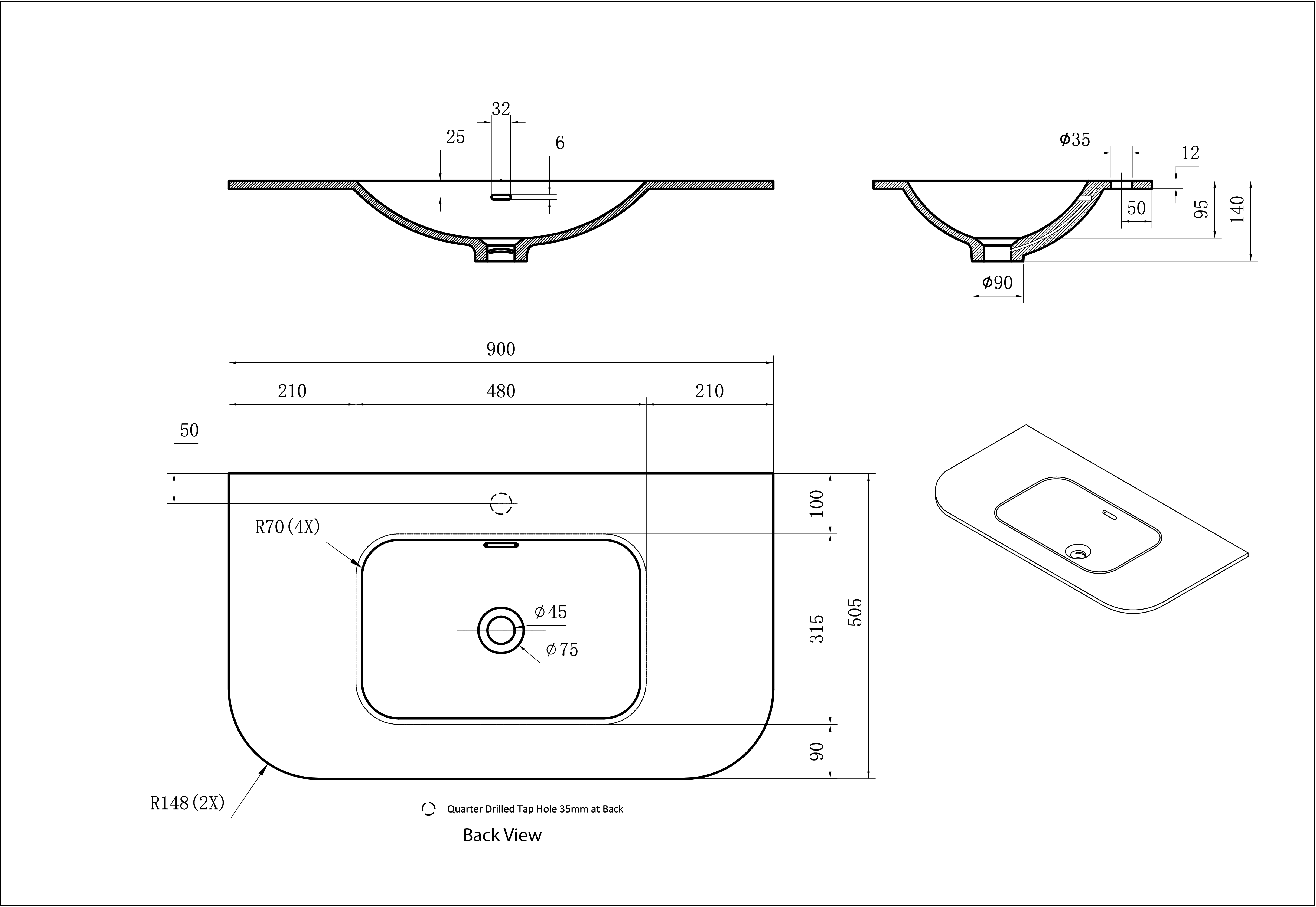 Solid Surface Curved Stone with integrated Basin Matte Black