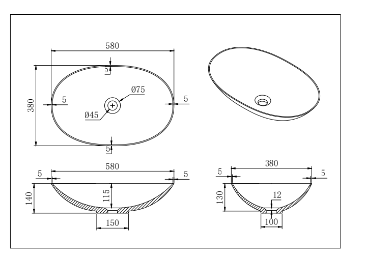 Kirra Solid Surface Above Counter Basin 500x350x150mm Matte White