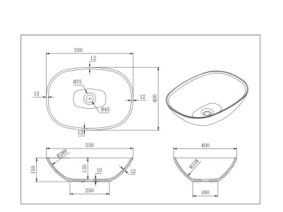 Perry solid surface stone Above Counter Basin 550*400*150mm Matt White