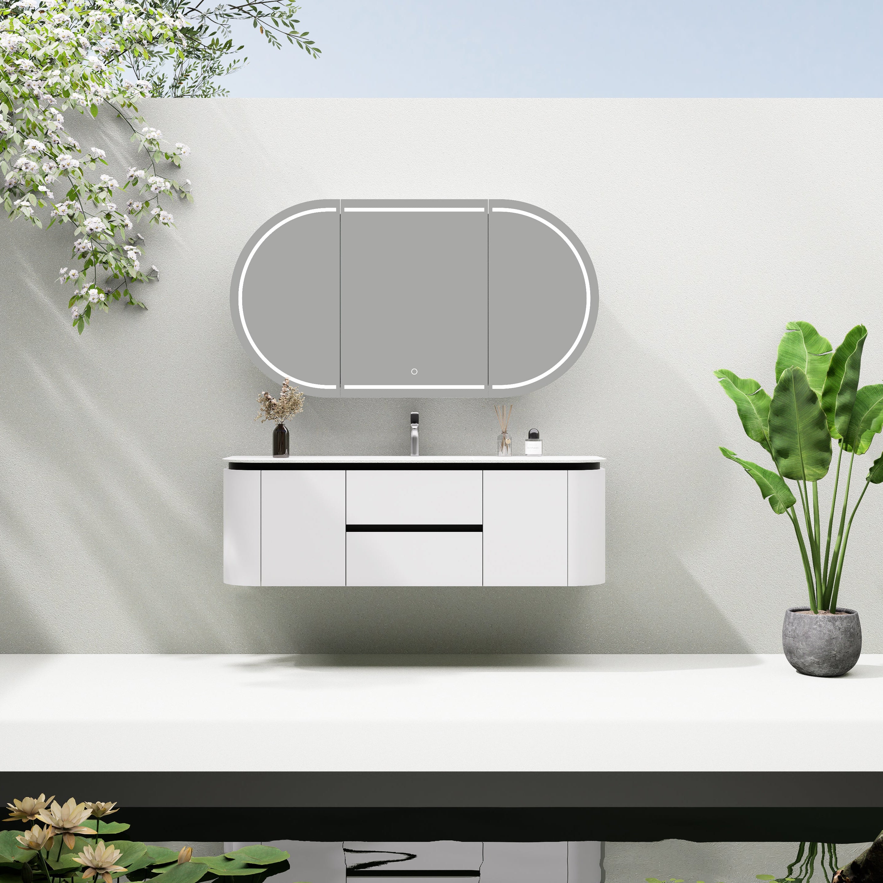 Devito Modern Curve Wall Hung Vanity PVC Cabinet Matte Black/White