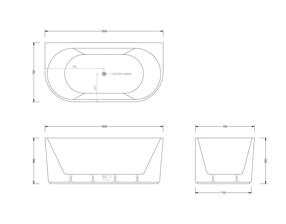 Mallorca 1500/1700mm Gloss White/Black Fluted 10 Jets Back to Wall Freestanding Spa Bath - Living and Bathroom