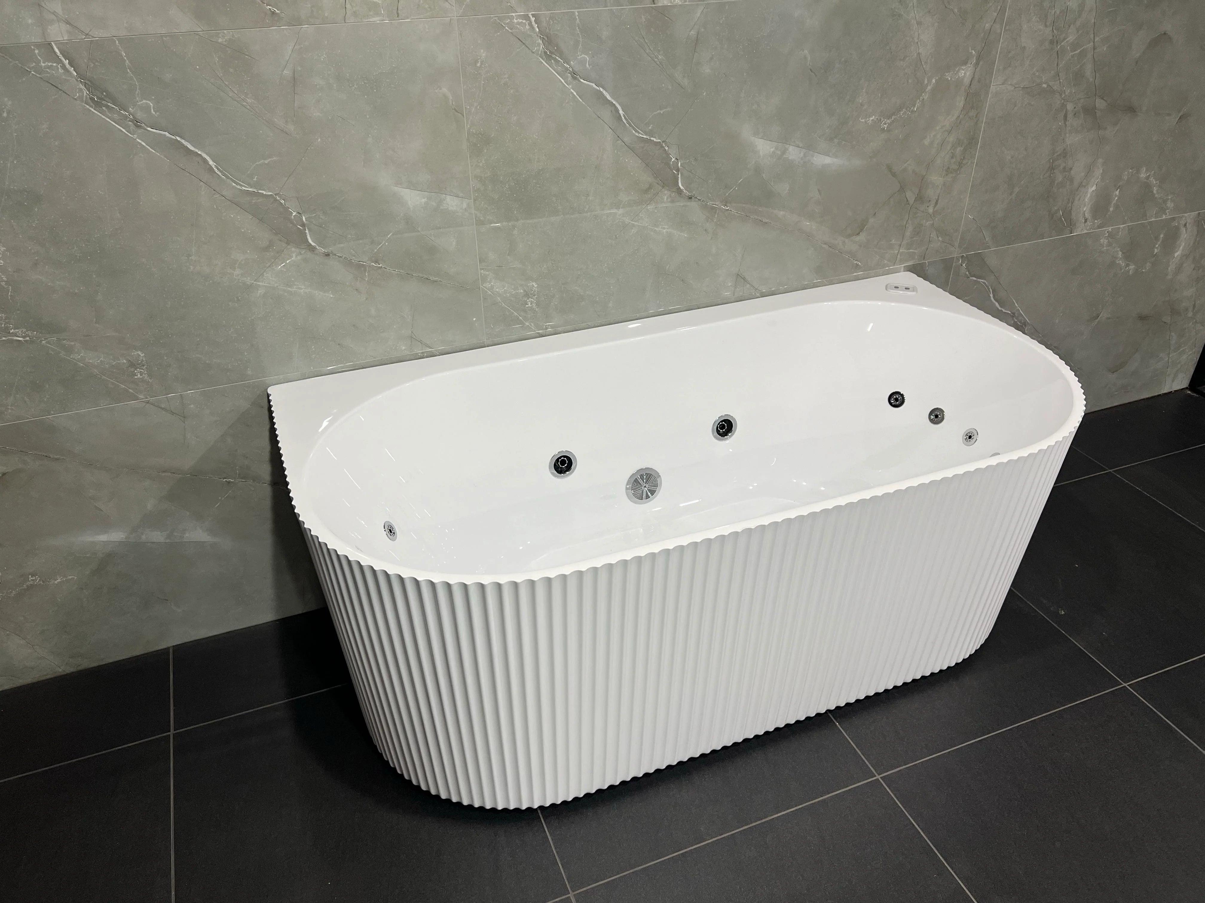 Mallorca 1500/1700mm Gloss White/Black Fluted 10 Jets Back to Wall Freestanding Spa Bath - Living and Bathroom